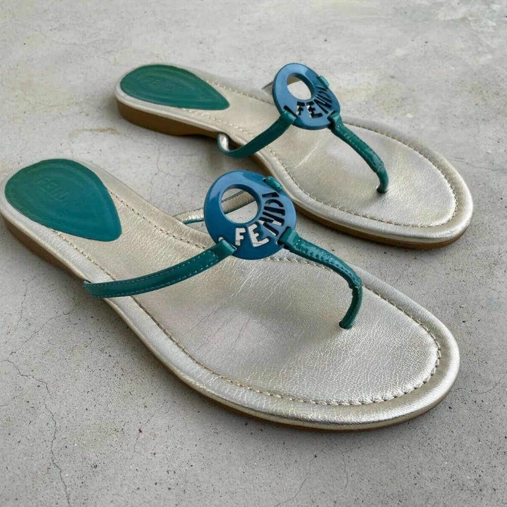 Fendi Women Sandal Flat Thong Blue/Silver Made in Italy Size 39 Authentic Fendi - Picture 1 of 12